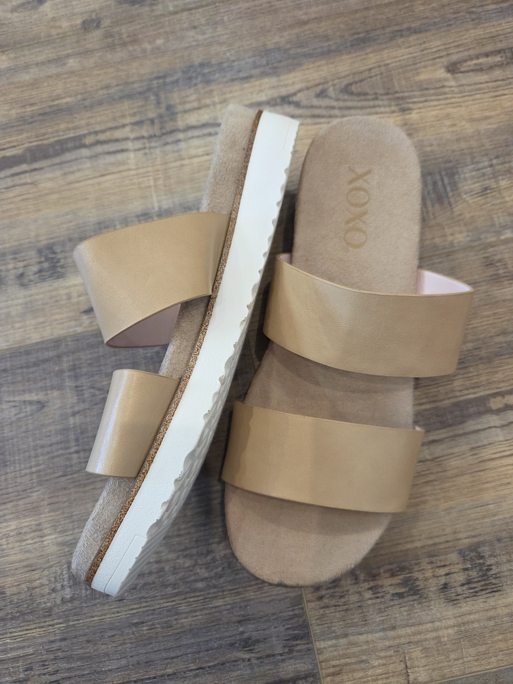 XOXO Tan Double-Strap Slide Sandals